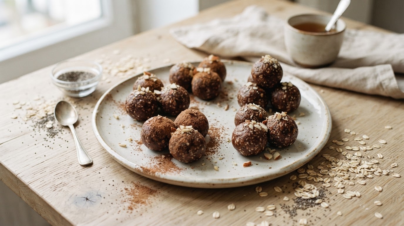 Energy balls avoine, dattes et cacao sur une assiette, flocons d'avoine et graines de chia autour