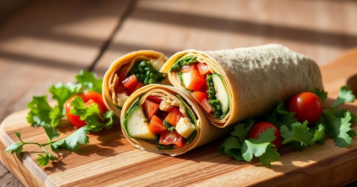 Wrap au thon, avocat et crudités coupé en deux sur une planche en bois avec tomates cerises