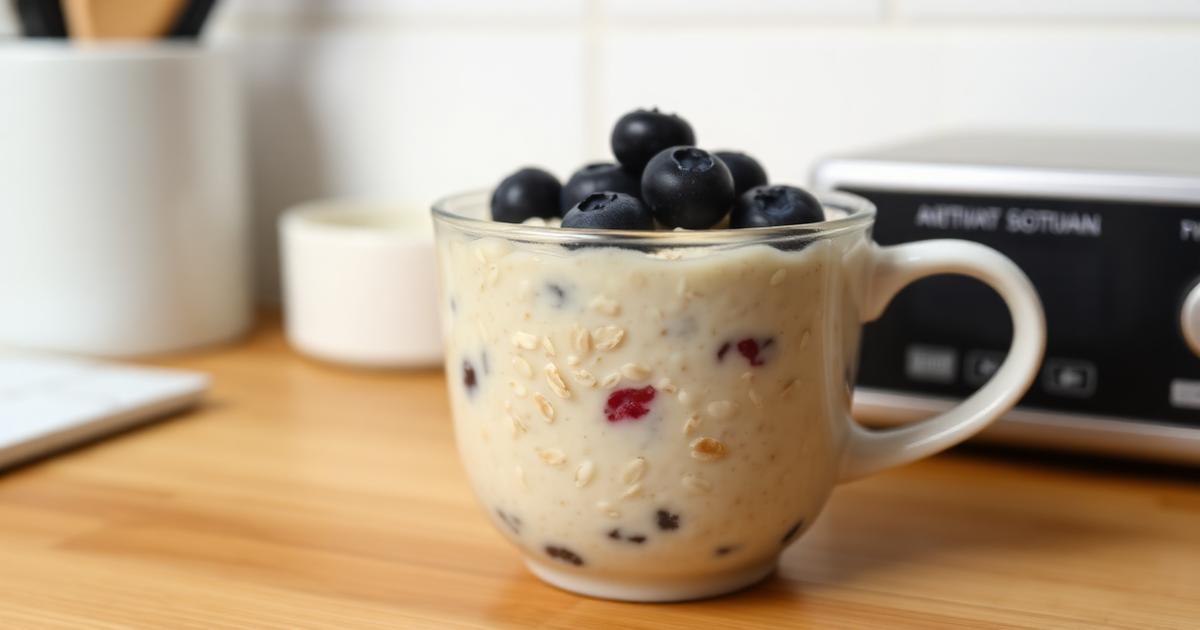 Mug de porridge express aux myrtilles posé sur un bureau devant un micro-ondes