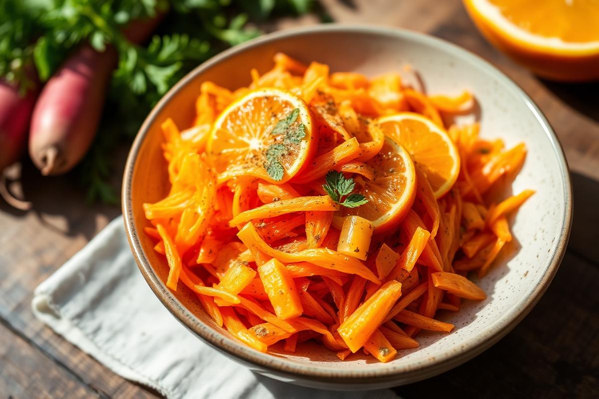 Carottes râpées à l'orange et au cumin dans un bol, rondelles d'agrume et persil frais