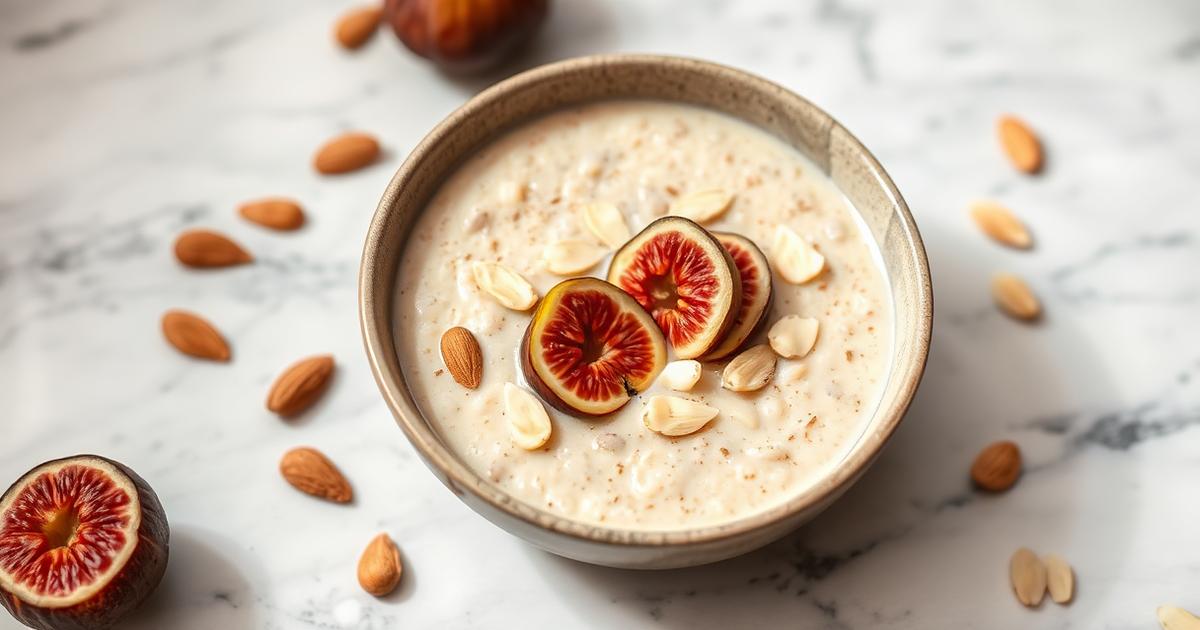 Bol de porridge vegan crémeux avec figues coupées et amandes effilées sur marbre