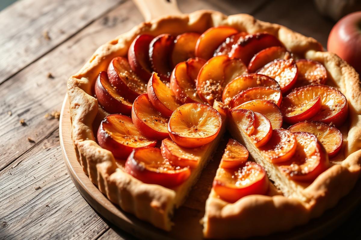 Tarte aux pommes à pâte complète, lamelles caramélisées en rosace, une part coupée