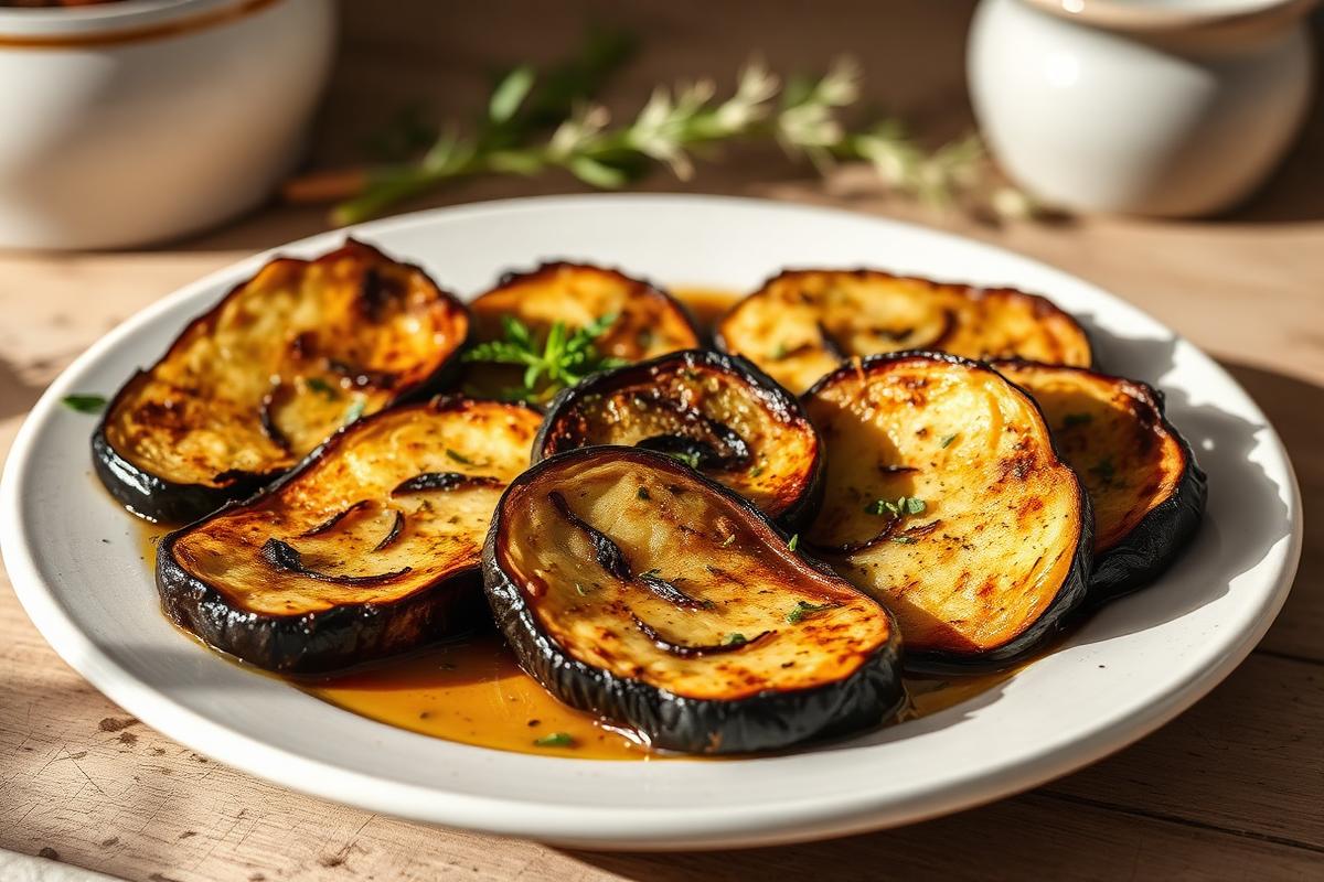 Tranches d'aubergine rôties dorées à l'ail et aux herbes dans une assiette blanche