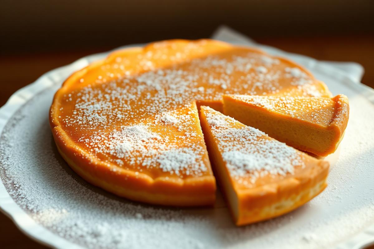 Flan pâtissier doré sur pâte complète, une part coupée montrant la texture crémeuse