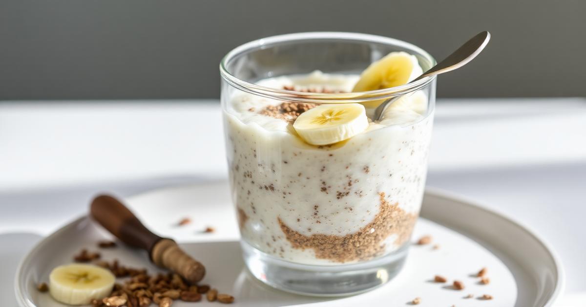 Porridge overnight dans un bocal en verre avec rondelles de banane, cannelle et beurre de cacahuète