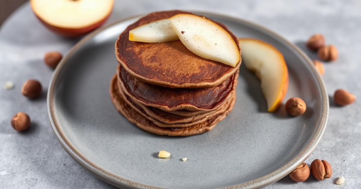 Pancakes de sarrasin ambrés sur assiette grise avec lamelles de poire et noisettes