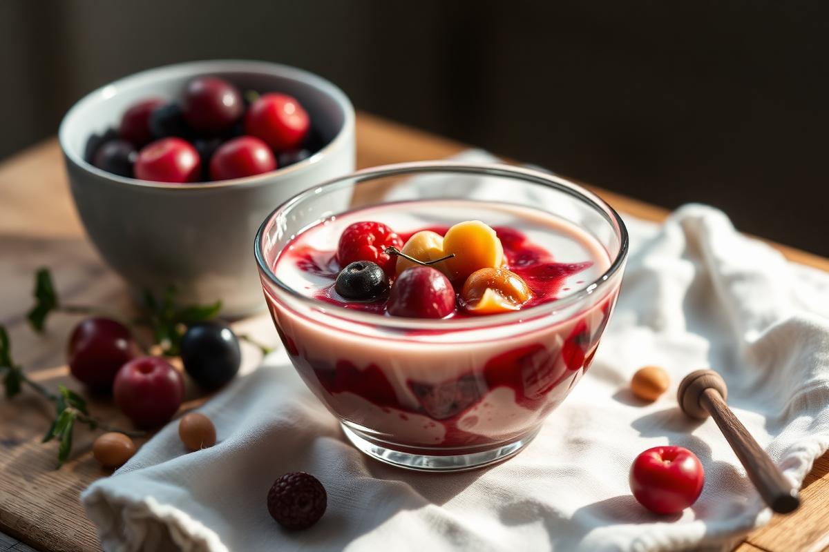 Bol de skyr onctueux garni de fruits rouges frais et d'amandes effilées