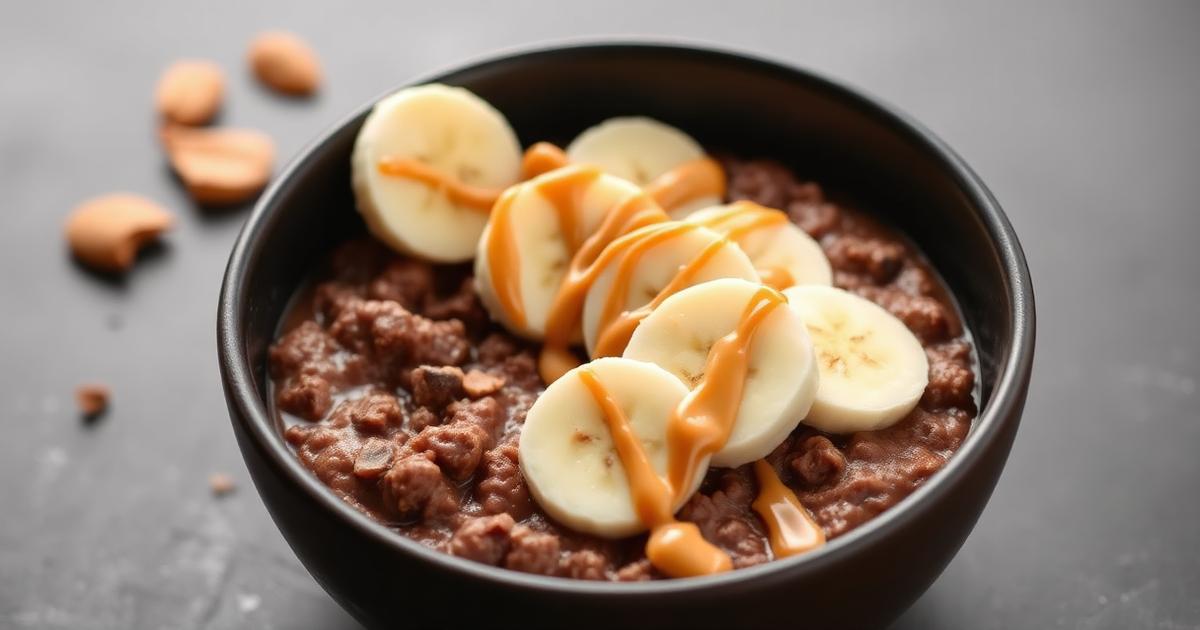 Bol de porridge au cacao avec rondelles de banane et filet de beurre de cacahuète