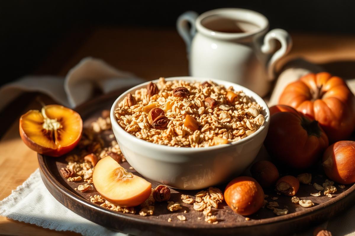 Granola maison doré dans un bol, flocons d'avoine croustillants, noisettes et fruits secs