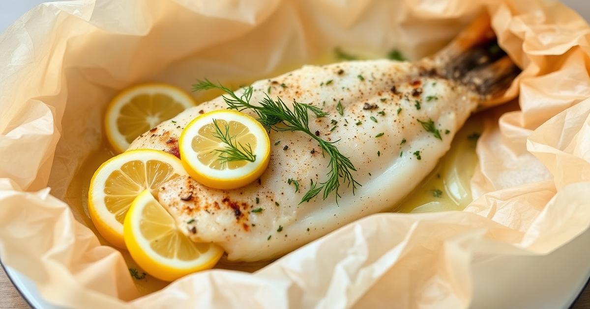 Cabillaud en papillote avec fenouil émincé, rondelles de citron et aneth dans du papier cuisson