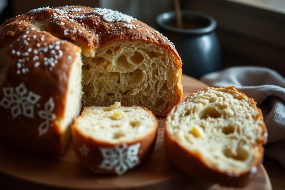 Brioche maison dorée coupée, mie filante visible, torchon en lin et bois clair