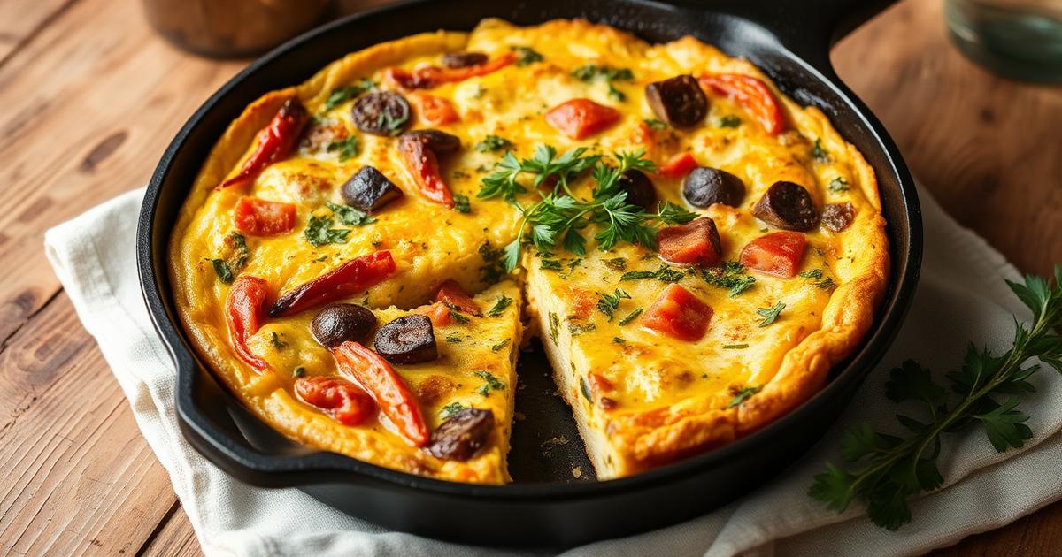 Frittata aux légumes de saison dorée dans une poêle en fonte, découpée en parts
