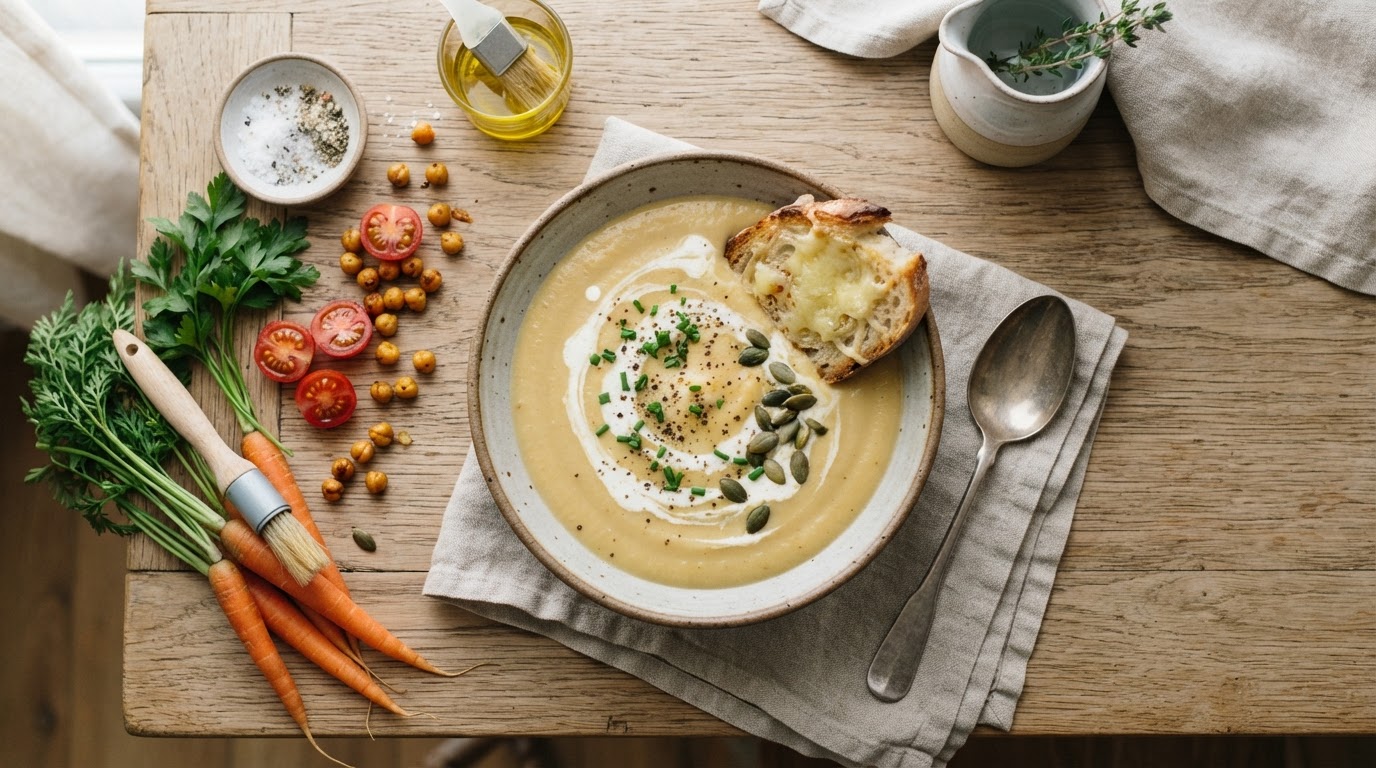 Bol de velouté de légumes onctueux entouré de carottes et d'herbes fraîches, vue de dessus