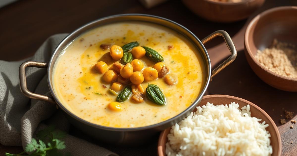 Curry de pois chiches aux épinards au lait de coco dans une poêle, servi avec un bol de riz