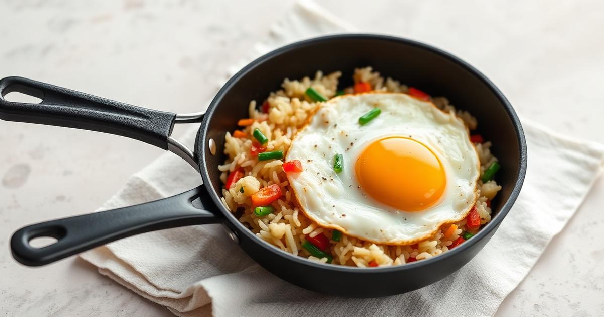 Poêlée solo rapide avec riz, légumes et oeuf au plat dans une petite poêle