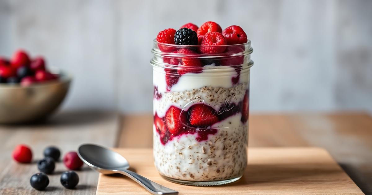Bocal d'overnight oats en couches avec yaourt et fruits rouges frais sur le dessus
