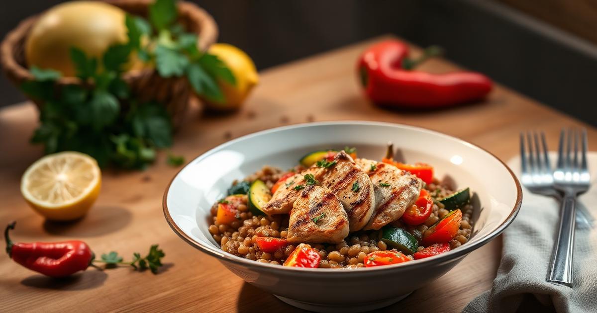 Bowl de lentilles corail au poulet grillé et légumes rôtis, coriandre et citron, vue de dessus
