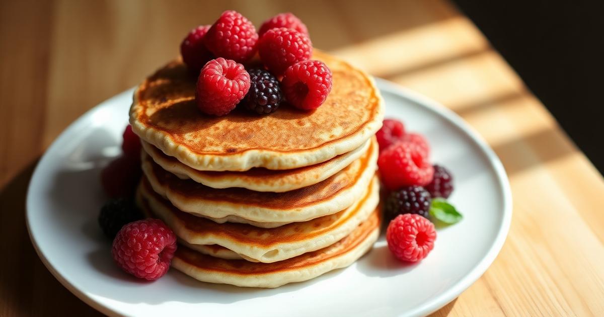 Petit déjeuner protéiné : pile de pancakes banane et flocons d'avoine garnis de fruits rouges