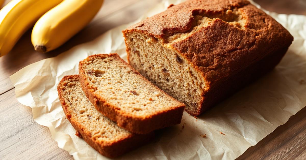 Cake banana bread tranché sur papier cuisson avec bananes mûres à côté