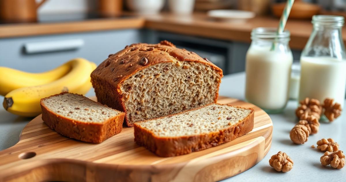 Banana bread vegan tranché sur planche en bois avec noix et bouteilles de lait végétal
