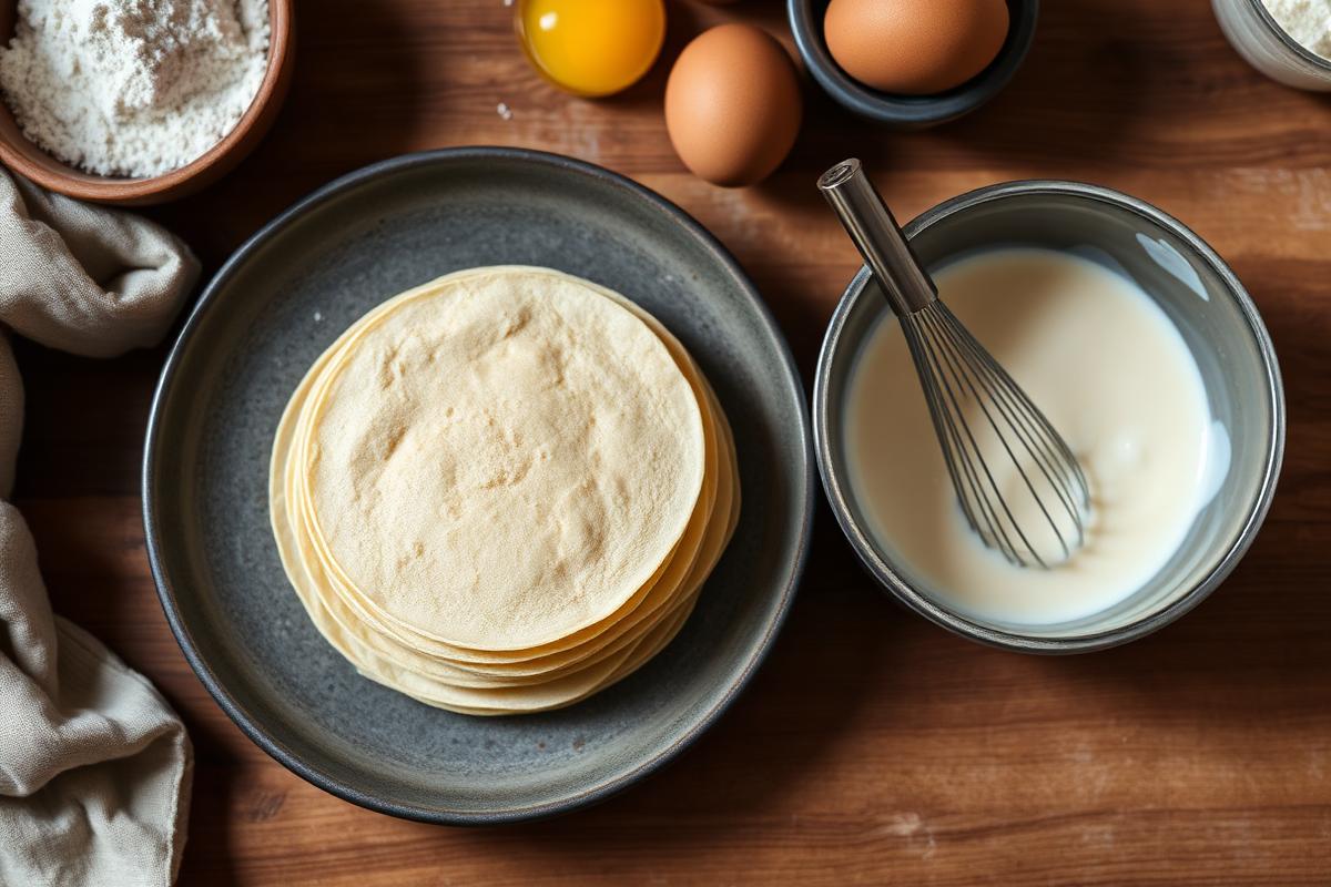 Pâte à crêpes légère : pile de crêpes fines dorées et saladier de pâte au fouet