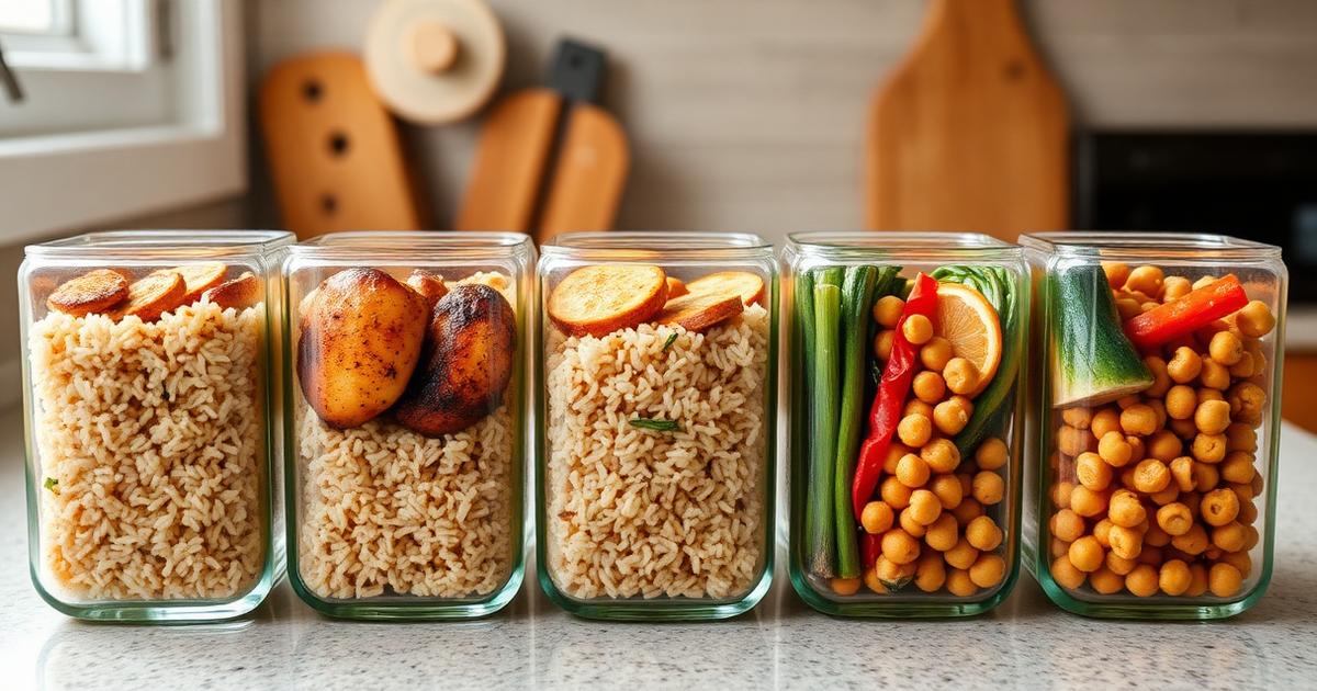 Batch cooking healthy : boîtes de meal prep avec riz complet, légumes rôtis et pois chiches