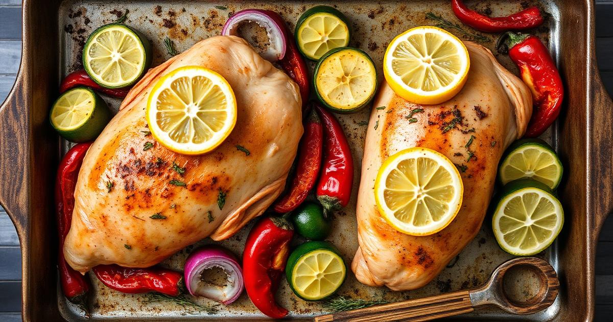Recette poulet healthy : filets de poulet rôtis au citron avec courgettes et poivrons sur une plaque
