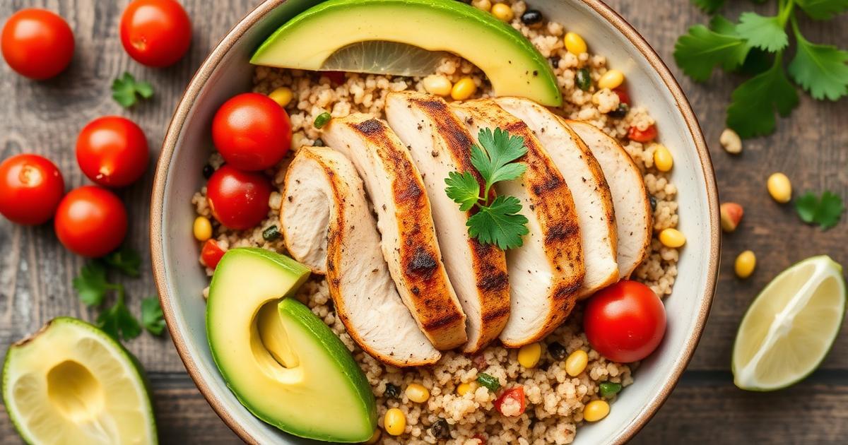 Idée repas sain : bowl de quinoa avec poulet grillé, avocat, tomates cerises et coriandre