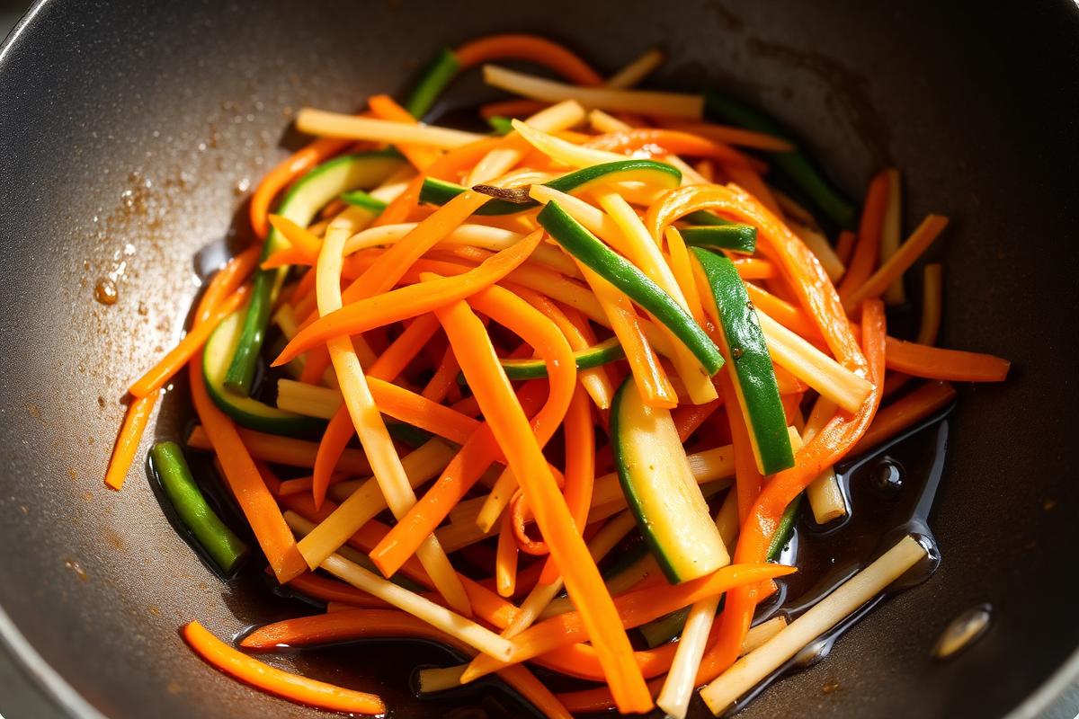 Julienne de carotte, courgette et poivron sautée au wok, bâtonnets croquants et sauce soja