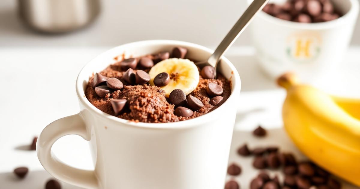 Mug cake protéiné chocolat-banane dans un mug blanc avec pépites de chocolat et rondelle de banane