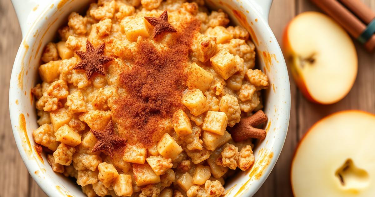 Plat de porridge cuit au four avec dés de pomme et cannelle, vue de dessus