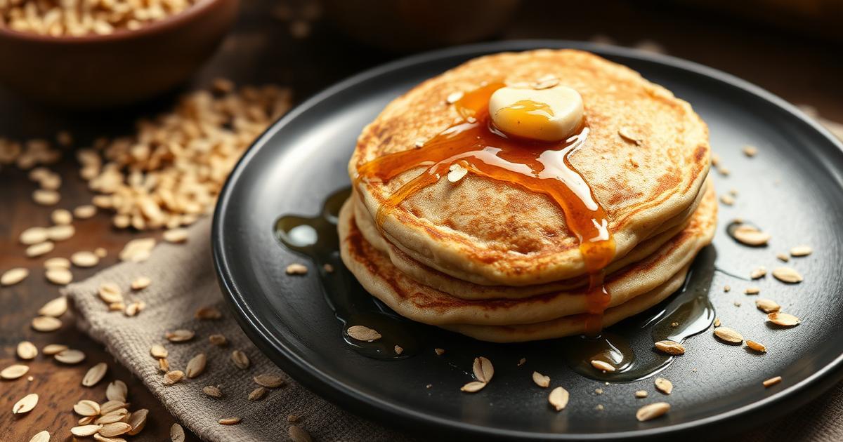 Pancakes aux flocons d'avoine sur assiette noire avec miel et flocons éparpillés