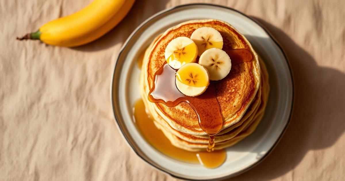 Pile de pancakes à la banane dorés avec rondelles de banane et filet de sirop, vue de dessus