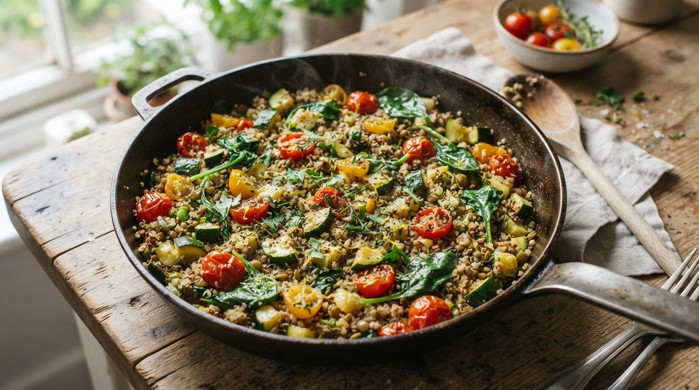 Grande poêle de quinoa, lentilles vertes, courgettes, tomates cerises et épinards