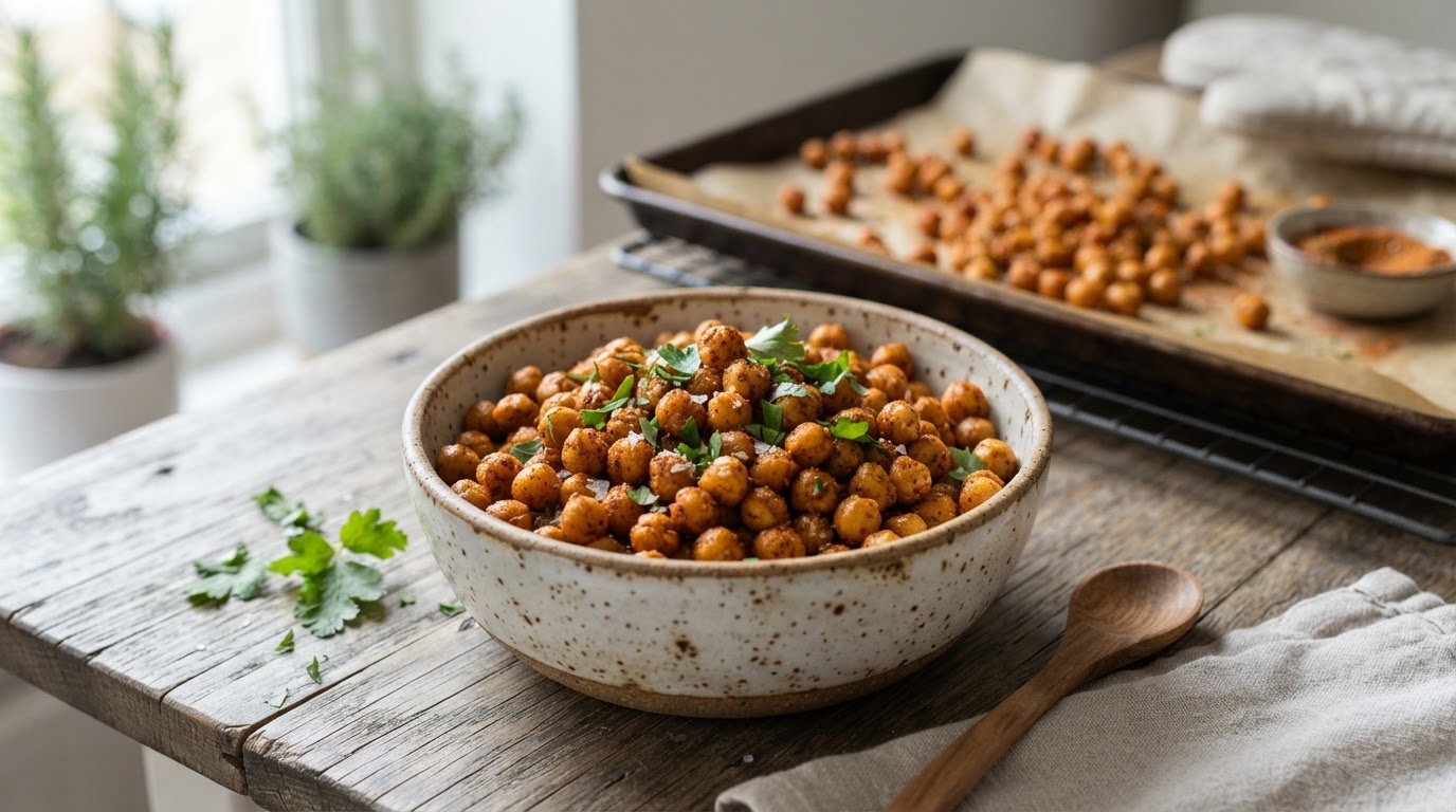 Bol de pois chiches rôtis épicés au paprika, croustillants, avec une plaque de cuisson en arrière-plan