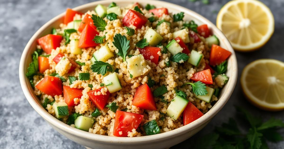 Taboulé de quinoa complet au concombre, tomates, persil et menthe dans un saladier