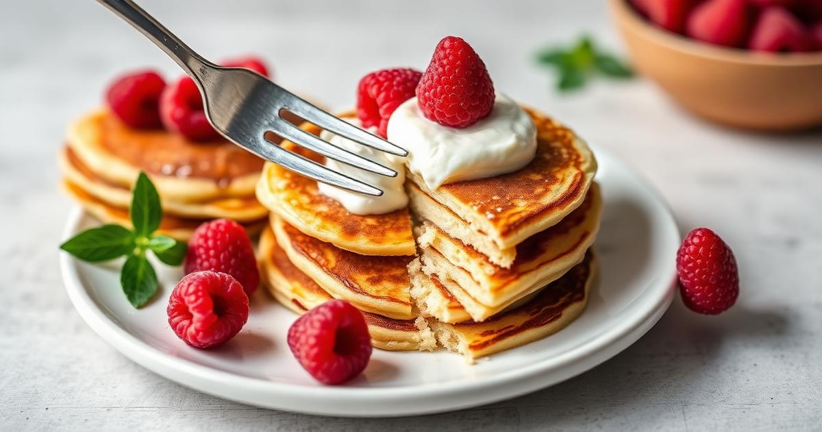 Pancakes au skyr coupés à la fourchette avec framboises fraîches et yaourt épais