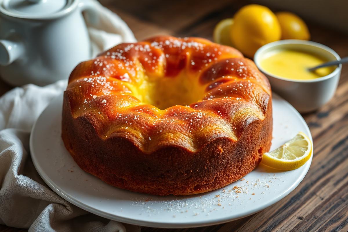 Gâteau au yaourt doré sur une assiette blanche, citrons et pot de yaourt à côté