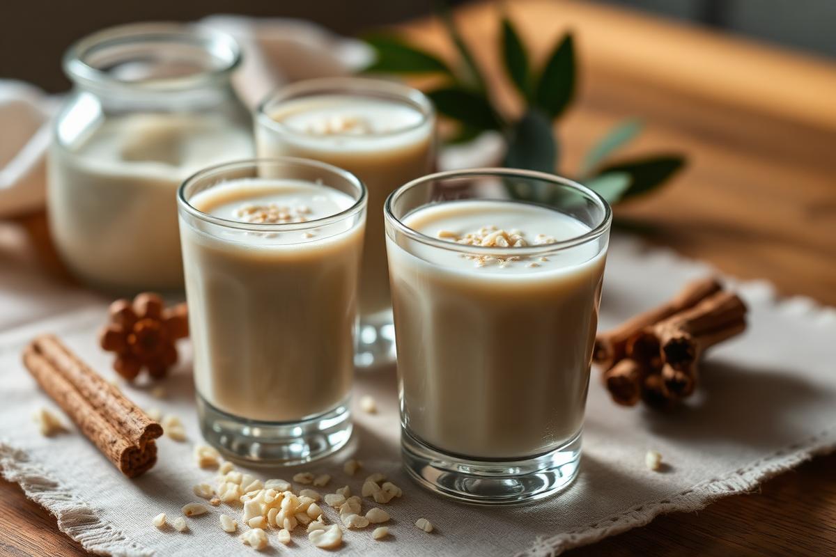 Riz au lait crémeux servi en verrines, gousse de vanille et bâtons de cannelle