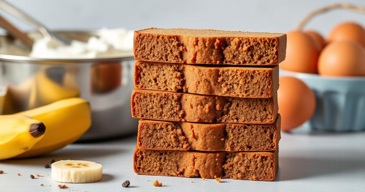 Tranches de banana bread protéiné empilées avec fromage blanc et oeufs en arrière-plan