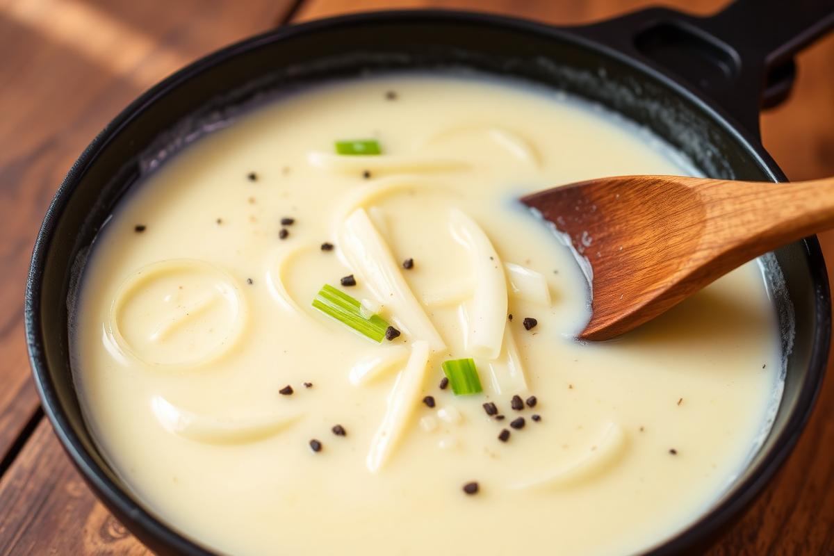 Fondue de poireaux allégée dans une poêle en fonte, lanières fondantes et poivre concassé