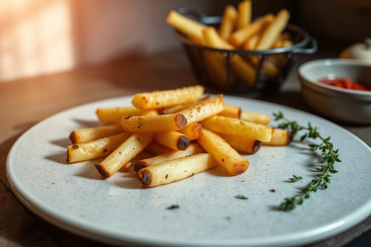Frites de patate douce dorées au four dans une assiette, paprika et brin de thym