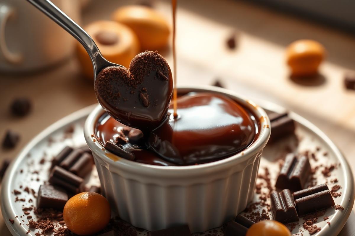 Fondant au chocolat dans un ramequin, cœur coulant qui s'écoule à la cuillère