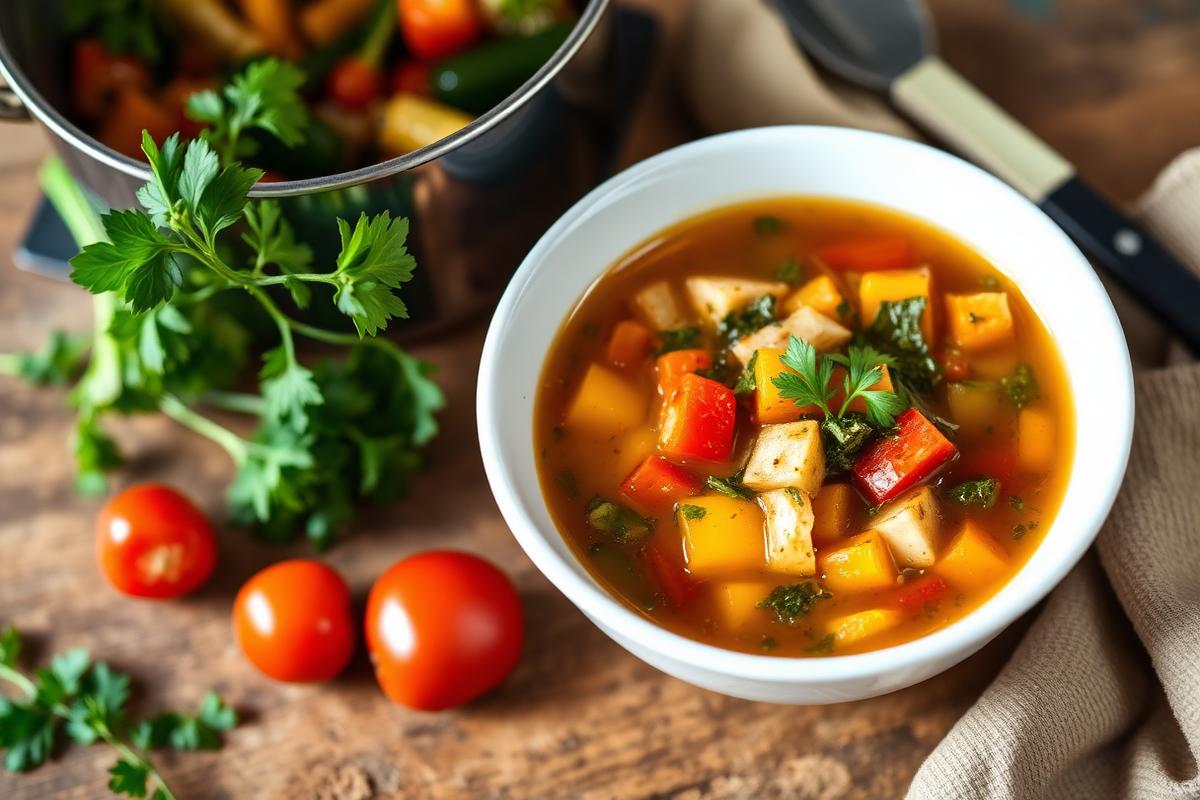 Soupe de légumes maison en bol blanc, dés de courgette, carotte et poivron, persil frais