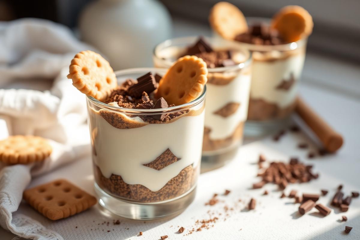 Verrines de tiramisu léger, couches de crème blanche, biscuits au café et cacao