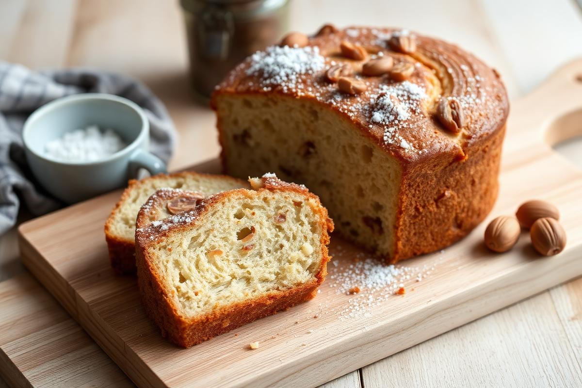 Gâteau à IG bas : cake doré coupé en tranches, mie dense à la farine complète et amandes
