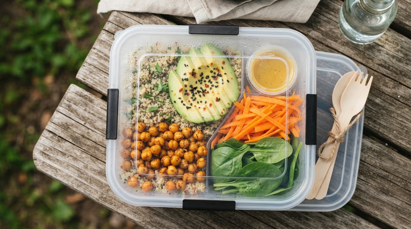 Buddha bowl froid dans une boîte hermétique : quinoa, pois chiches, avocat, carotte râpée et pousses d'épinards