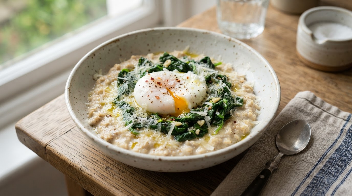 Bol de porridge salé d'avoine avec oeuf poché, épinards et parmesan râpé