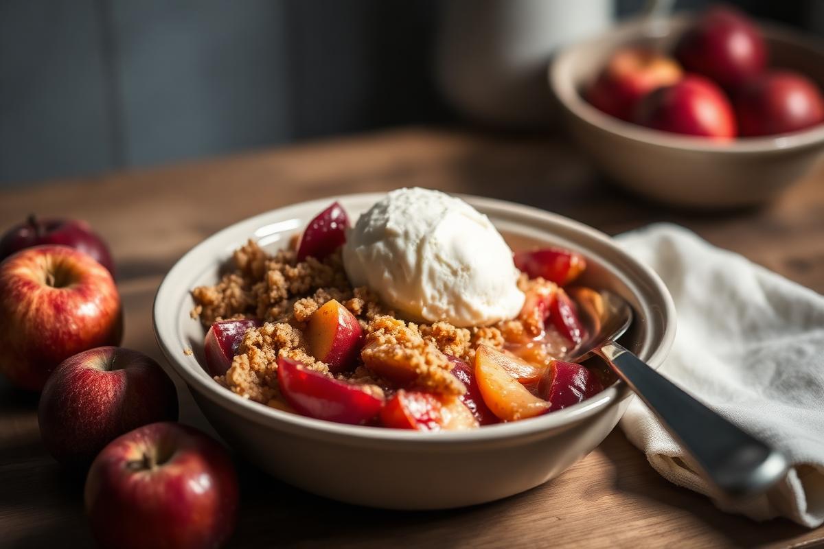 Crumble aux fruits dans un plat, pâte d'avoine dorée et morceaux de pommes fondants