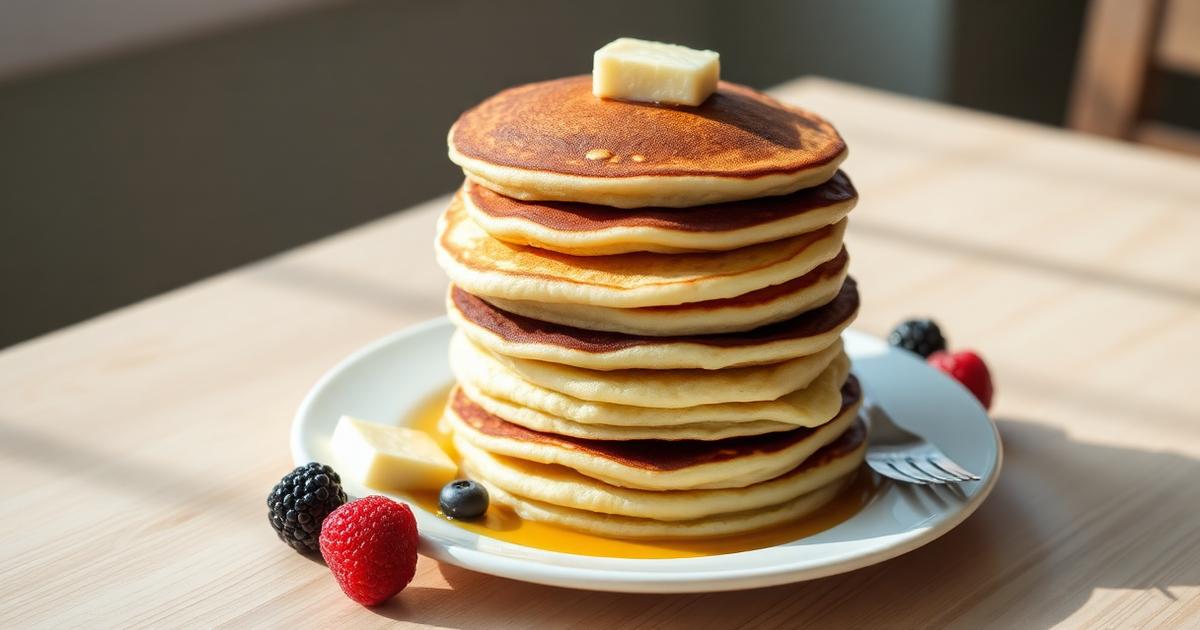 Haute pile de pancakes fluffy très épais avec noisette de beurre fondant et fruits rouges